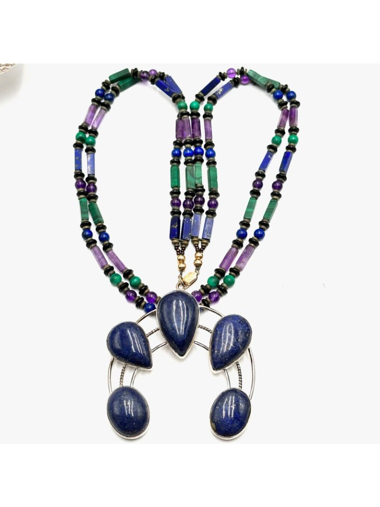 Southwest Lapis Lazuli Naja Pendant Sterling Silver Necklace 153 Grams